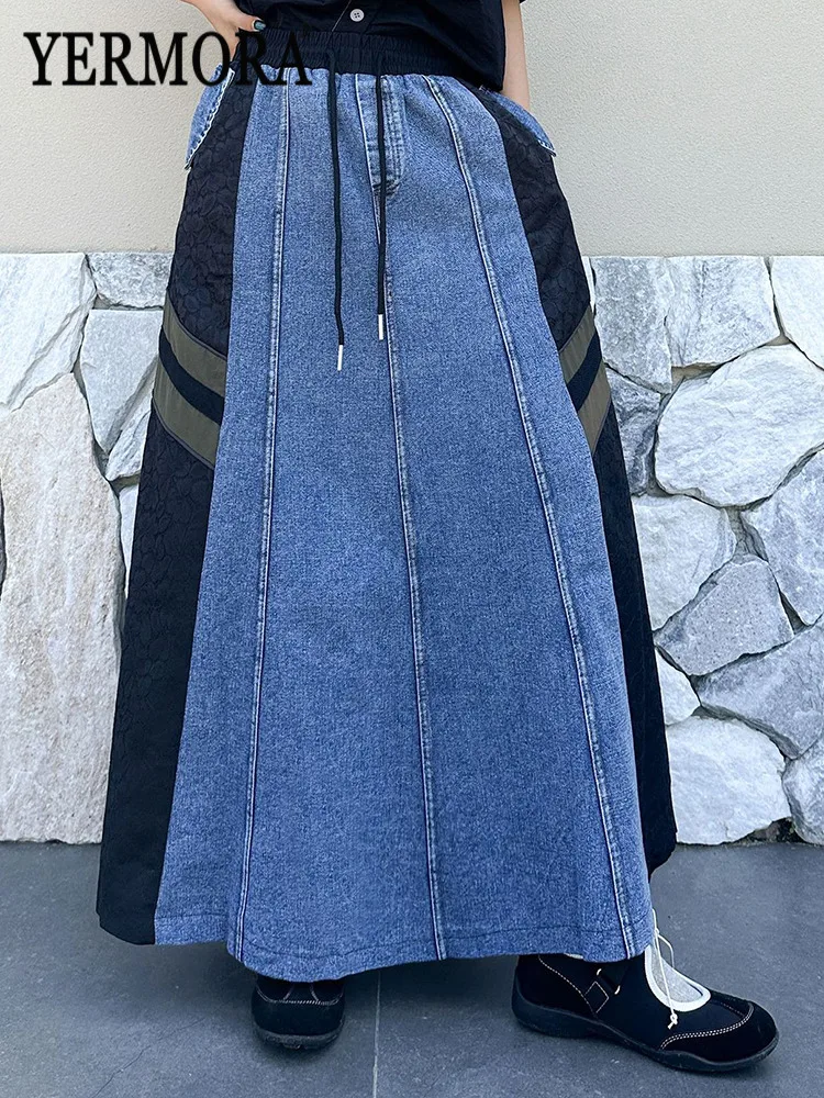 

YERMORA High Elastic Waist Black Spliced Denim Drawstring Half Body Skirt For Women Loose Fashion Tide Spring Summer 2026 New
