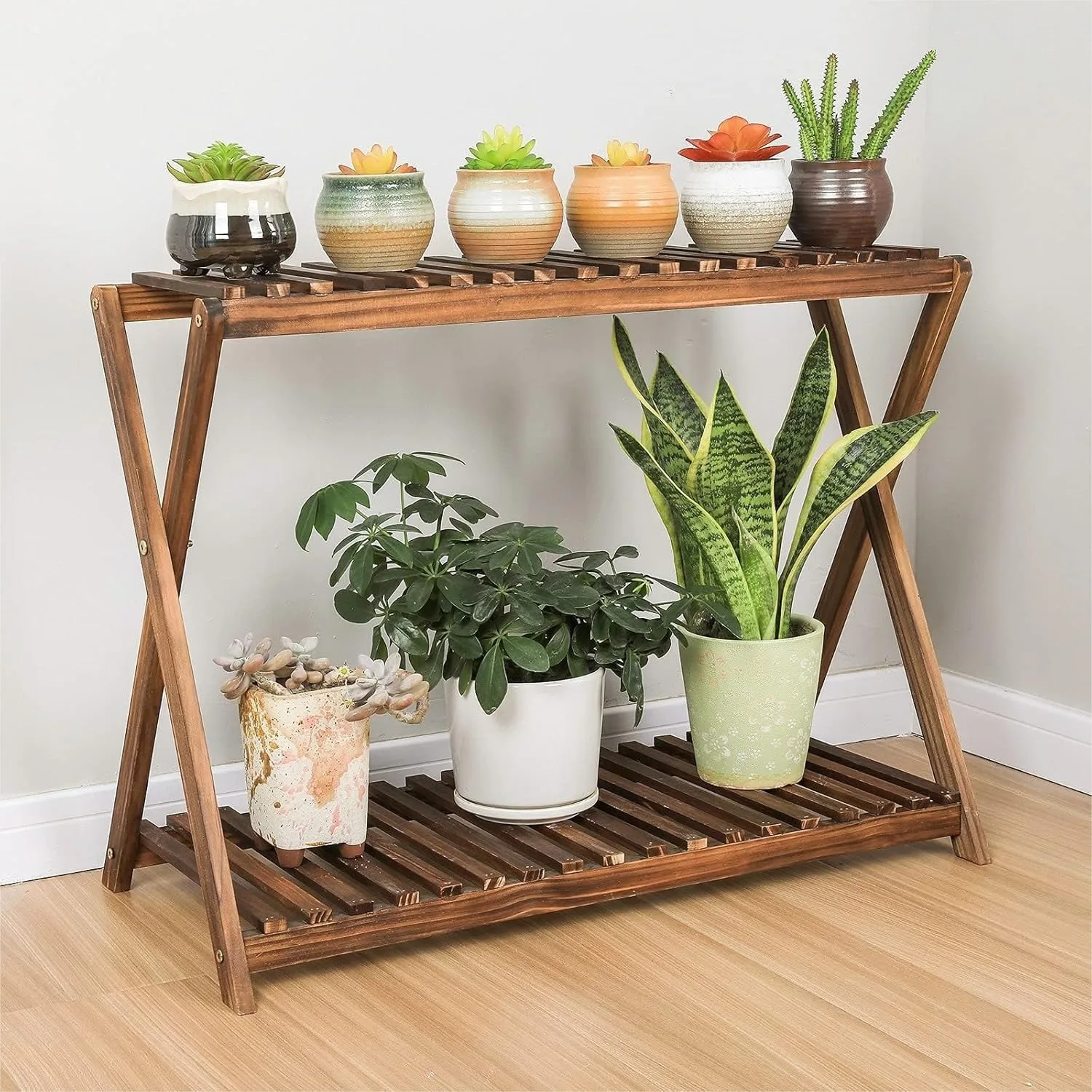 

2 Tier Wooden Plant Stand Indoor, Narrow Plant Shelf for Corner Living Room Garden Patio Balcony, X-Cross Design Flower Rack