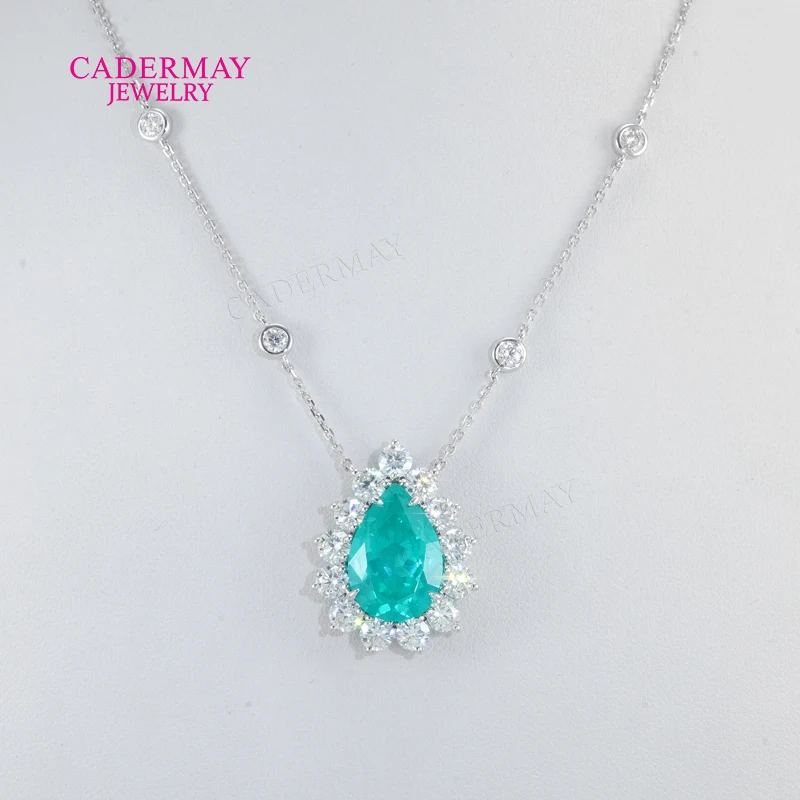 Luxury 925 Silver 11x16mm Pear Shape Synthetic Paraiba YAG Mixed Moissanite Halo Pendant Necklace For Women Anniversary Gift