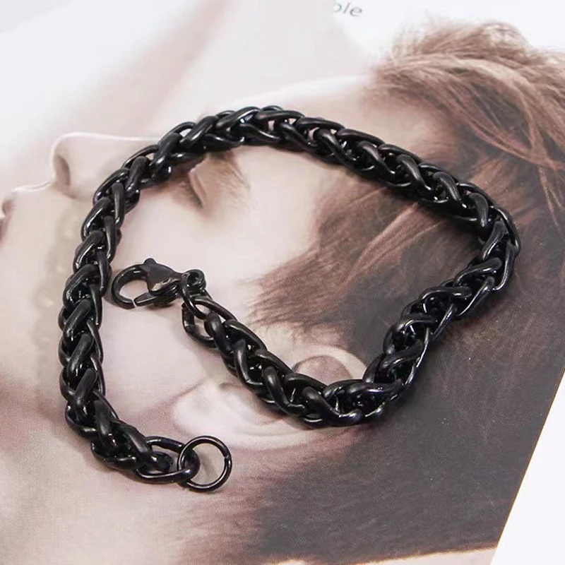 Kpop Hip Hop Premium Titanium Stainless Steel Men Bracelet 6mm Width Silver Black Color Hand Twists Chain Women Bangle Jewelry