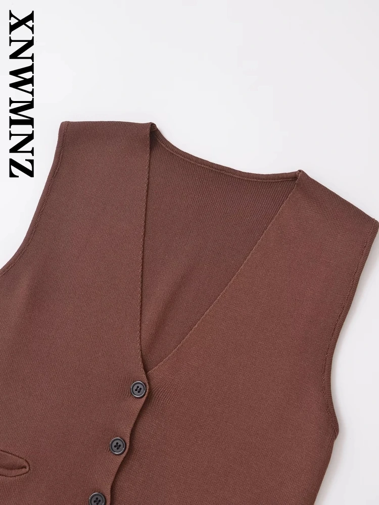 XNWMNZ 2024 ผู้หญิงใหม่ฤดูใบไม้ร่วง Casual GILET Coat หญิง VINTAGE V-คอเสื้อแขนกุดสีทึบ Single-breasted TOP Waistco