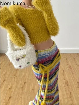 女性のシックなニットのツーピースセット,クロップドプルオーバー,トップス,ハイウエスト,ストライプのタイト,ロングスカート,カジュアル,秋冬服