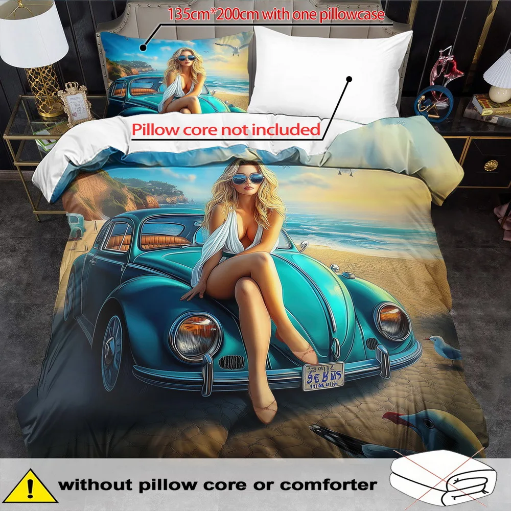 مجموعة واحدة من أغطية لحاف ذات طابع كرتوني لجمال الشاطئ الاستوائي - 2/3 قطعة، مفروشات بوليستر ناعمة قابلة للتنفس مع سحاب للإغلاق