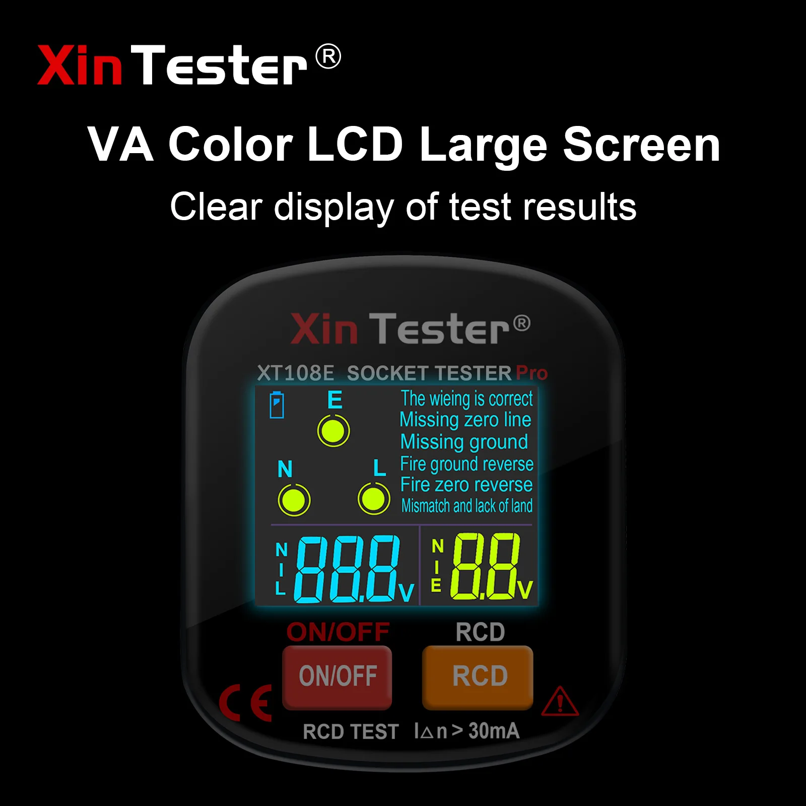 Xin tester 30ma tela colorida soquete testador de saída detector rcd terra ao vivo zero linha polaridade fase verificação tensão ferramenta