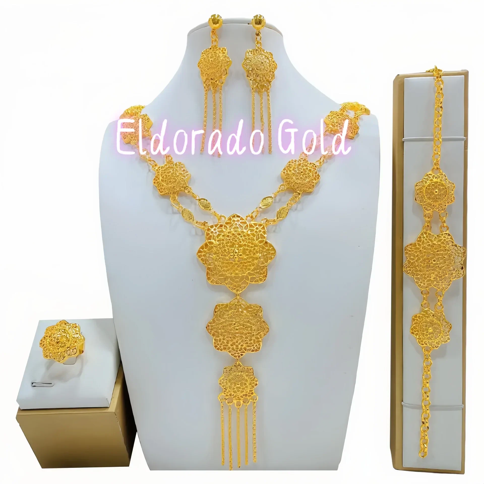 

Золотой комплект украшений Eldorado Gold из 24-каратного золота 9999 пробы, подарок для невесты, Индия, Дубай, свадебные подарки для женщин
