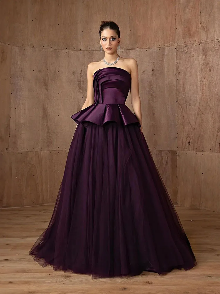 فستان سهرة رسمي من LAYXHS باللون الأرجواني بدون حمالات مكشكش على شكل حرف a فستان للحفلات الراقصة مخصص من Fساتين Sheer