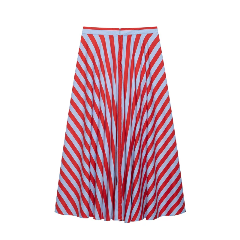 KEYANKETIAN 2026 Women Diagonal Striped A Line Skirt High Waist Flared Swing Hem Red Blue Colorblock Casual Daily Midi Skirt
