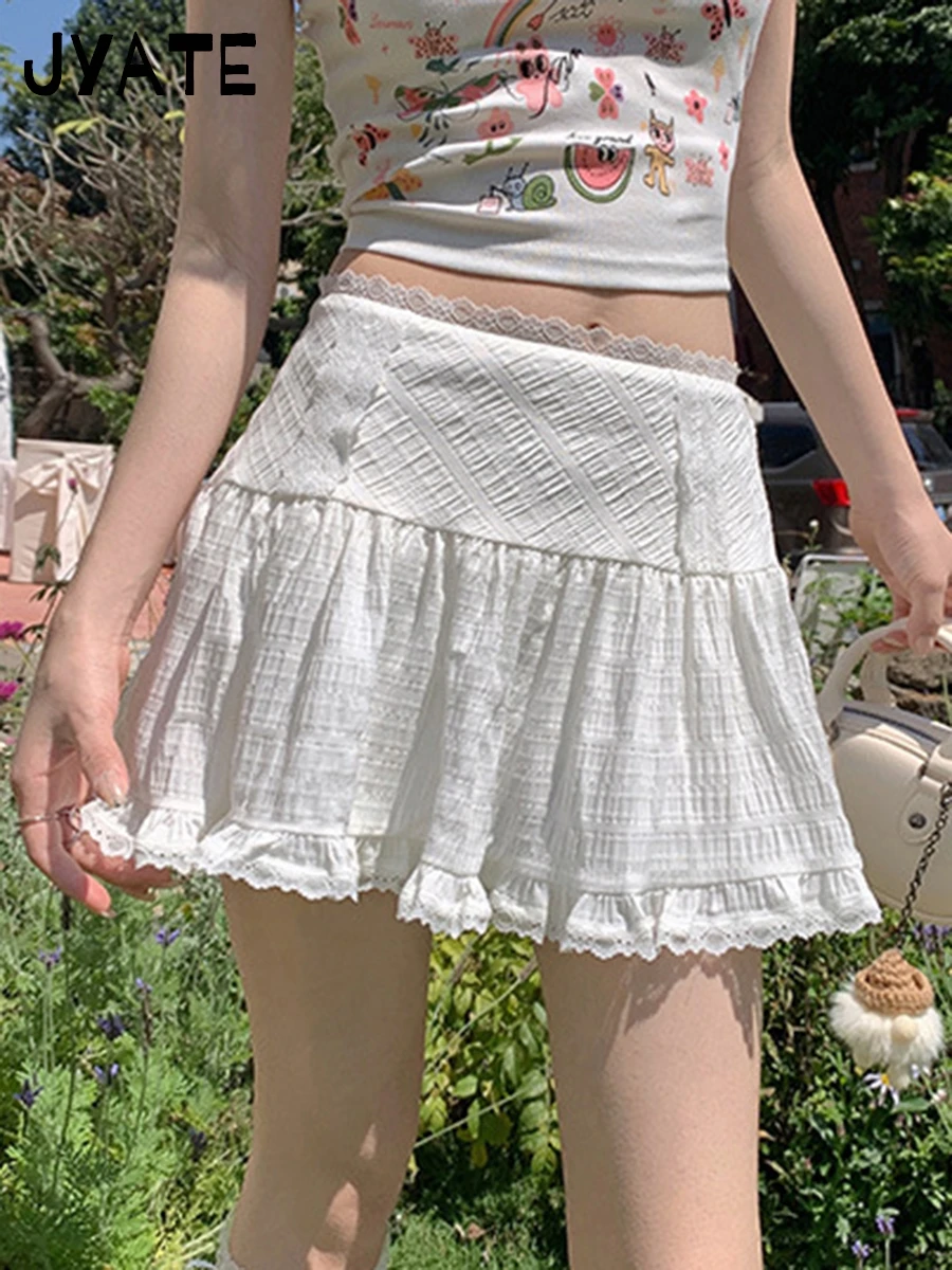 

Sweet White Lace Trim Mini Skirts Women Summer Cotton High Waist Folds Texture Short Faldas Cute Preppy Style Y2K A-line Skirt