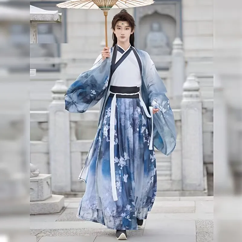 

Large Size 3XL Hanfu Men White&Blue Gradient 3pcs Sets Male Halloween Carnival Cosplay Costume Party Hanfu Outfit Plus Size 2XL
