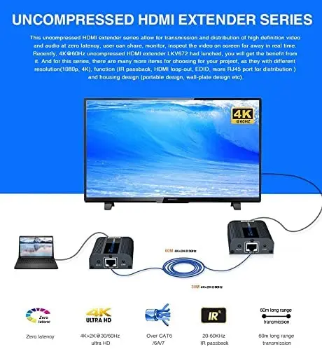 Lcn6672 4k hdmi 2.0 extensor até 60m através do cabo cat6/cat6a/cat7 hdmi 2.0 carcaça do metal compatível com 4k 2160p 60hz uhd,