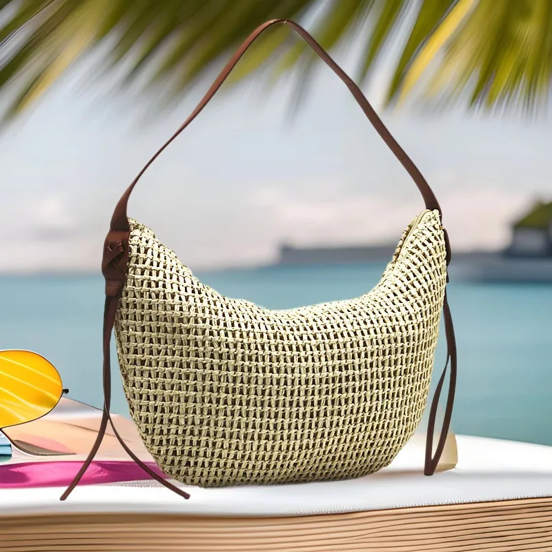 

1pcs Large Capacity Straw Tote Bag Versatile Crossbody Bohemia Beach Bag Woven Shoulder Bag for Vacation Travel Natural
