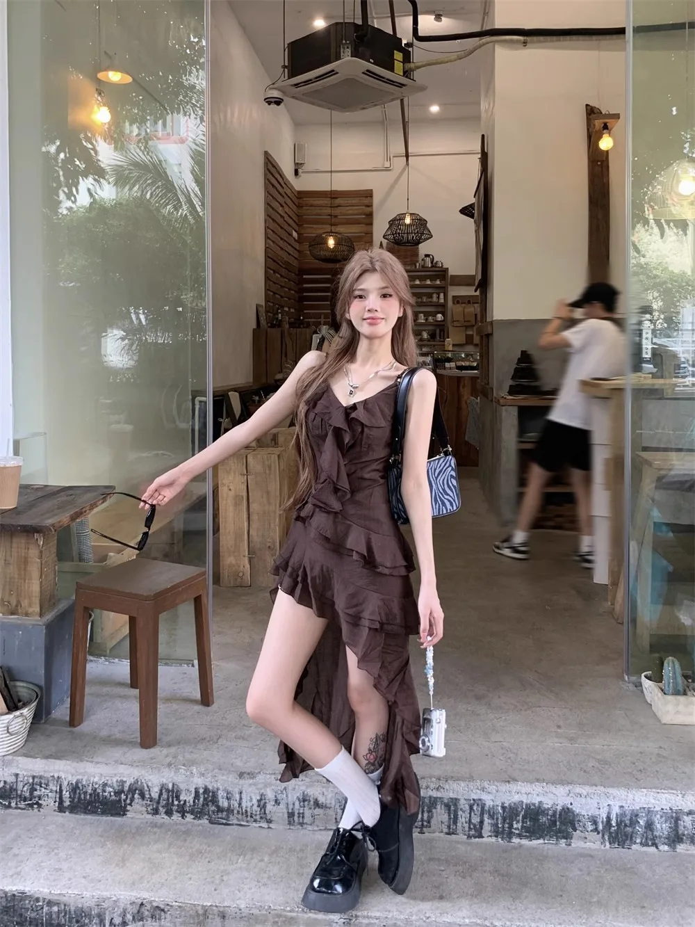 

Brown Ruffle Irregular Hem Cami Dress Women Summer Casual Party Dress