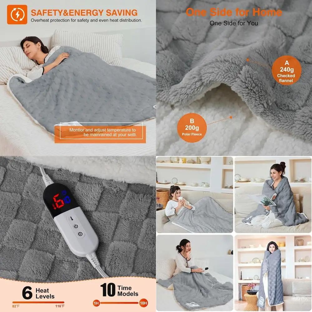 

6-Setting Heated Blanket with 10-Hour Auto Shut-Off, Soft Flannel, Fast Warming, ETL & FCC Certified (Gray, 90x100)