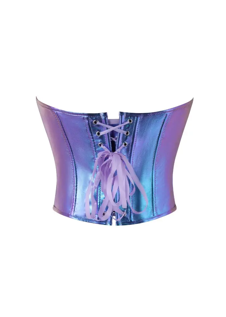 Women's Blue Purple Holographic Corset Top, Vertical Seam Slim Fit Cropped Bustier for Rave Festival view 2