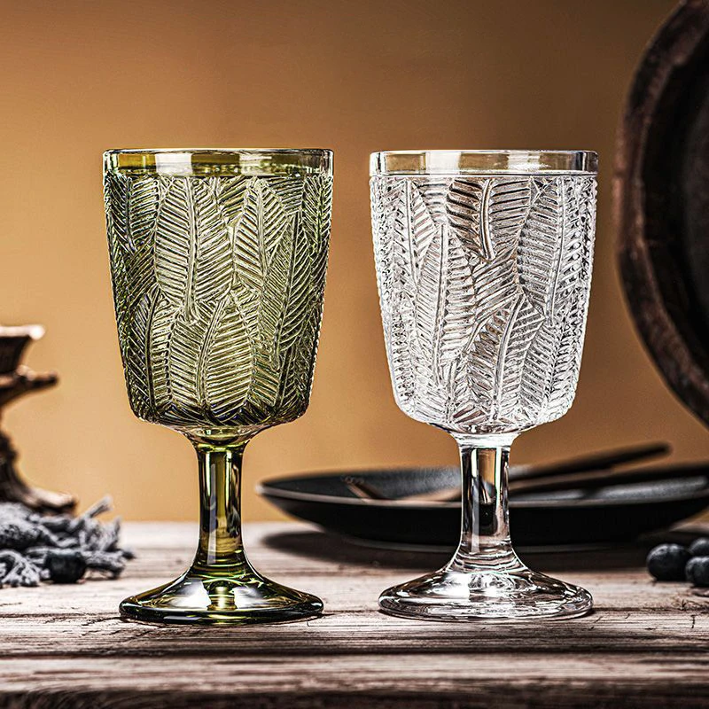 1 PC 330ml Vintage Goblet leaves Pattern carved Glass Heavy Thick Bottom Clear Green Sky Blue Colored White Red Wine Glass Cup