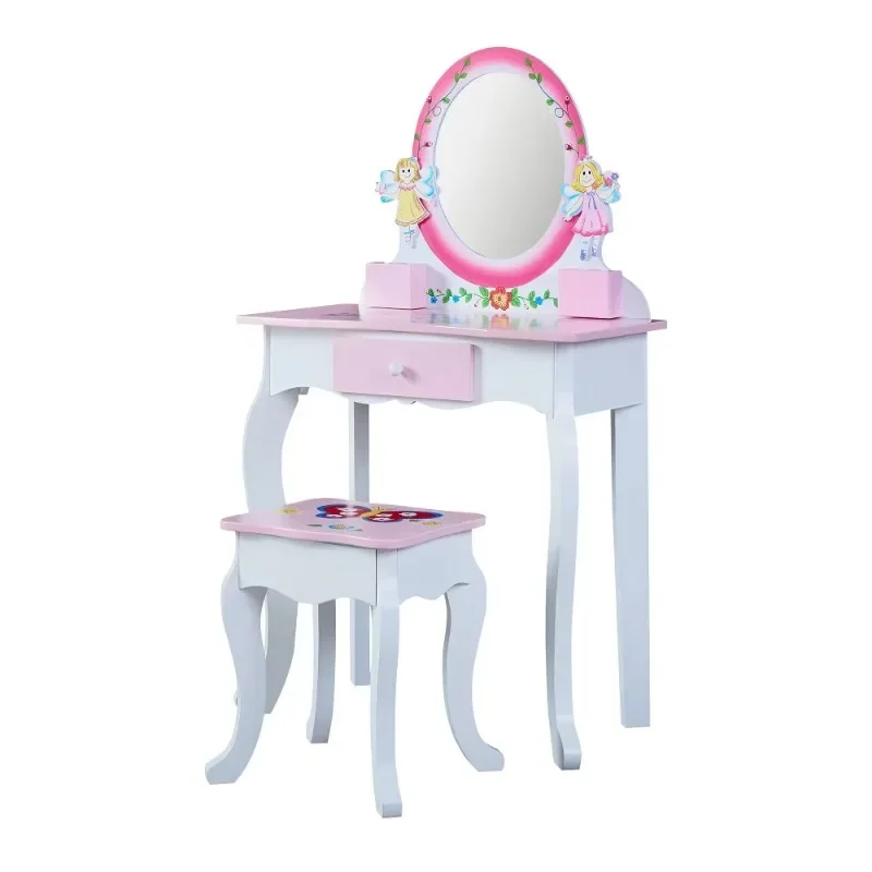 Kids Furniture Dressing Tables Wooden Mirrored Dresser Children  Make Up Table Set