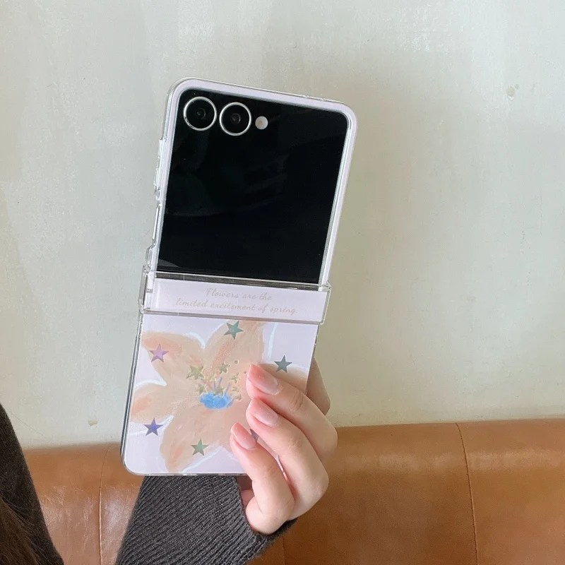 Korean Laser Star Lily Flower Cute Phone Case For Samsung Galaxy Z Flip 7 6 5 4 3 Flip6 Flip7 Cover with Chain Hinge Cases Funda
