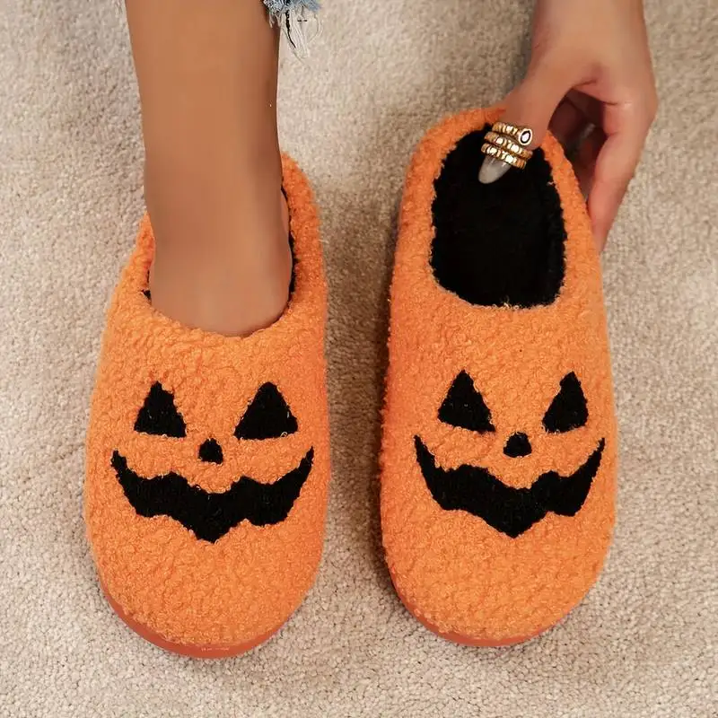 Halloween Pattern Fuzzy Slippers, Cozy Closed Toe Soft Sole Flat Shoes, Winter Warm Plush Home Slippers