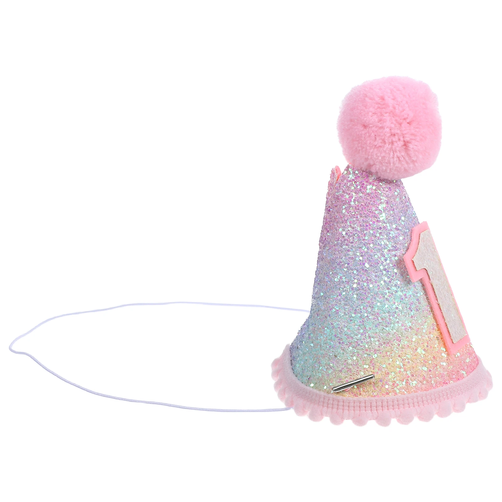 

Rainbow Birthday Hat Kids Party Cap Hairball Design Shiny Iridescent Mini Present Photo Props Costume Accessory