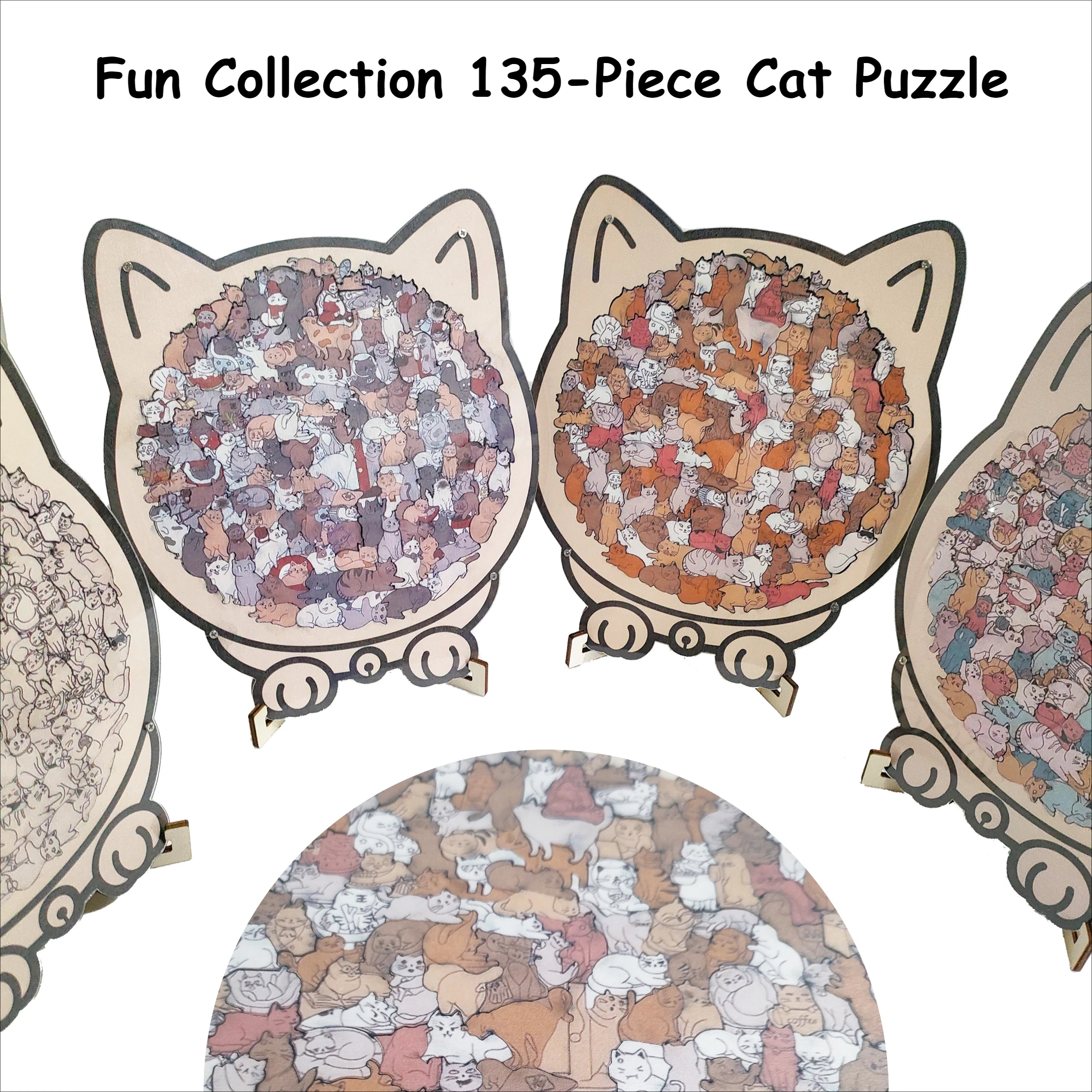 

135pcs Fun Cat Collection Puzzle - Pre-Made Wooden Irregular Jigsaw Tear Transparent Film to Disassemble Charming Birthday Gift
