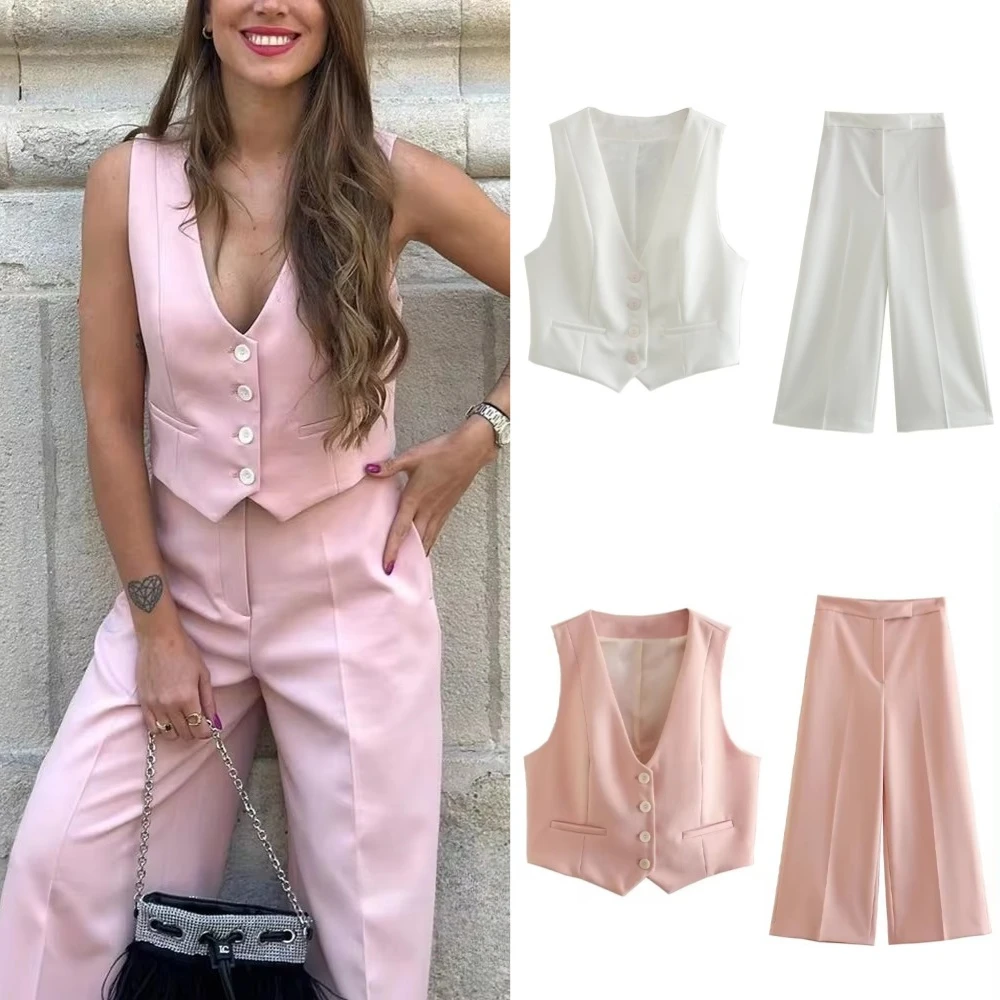 

2024 Spring and Autumn Casual Solid Suits V Neck Sleeveless Single Breasted Vest+Fashion Elegant Mid Waist Wide Leg Pants Set