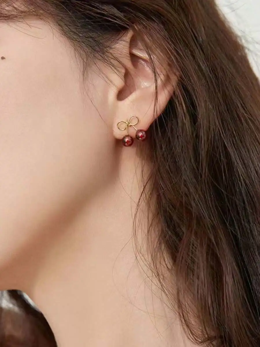 1pair Cherry/Wine Red Cute Fresh Fruit Design Small Stud Earrings For Women, Suitable For Daily, Casual & Business Occasions view 2