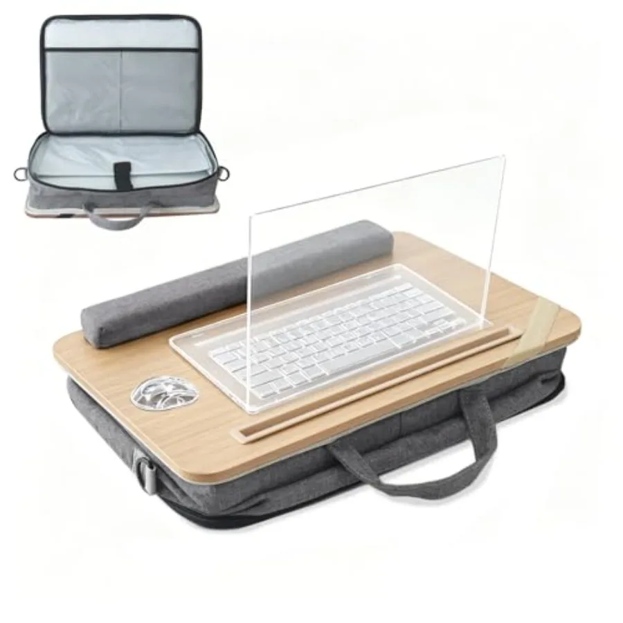 

Portable Lap Desk for Bed with Bag, 14"-17" Laptop Pad Tray with Cushion, Slot for Tablet Phone, Adjustable Shoulder and Hand S