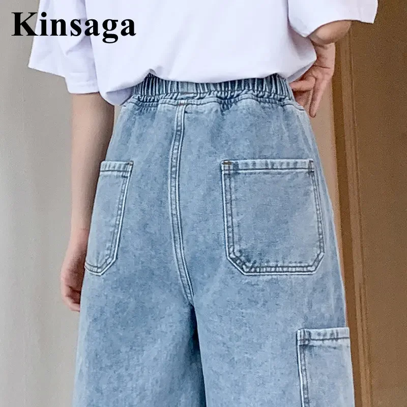 Women Street Pockets Loose Wide Leg Cargo Knee Length Jeans Pants 4XL Summer Baggy Y2K Boyfriend Elastic Waist Denim Bermudas