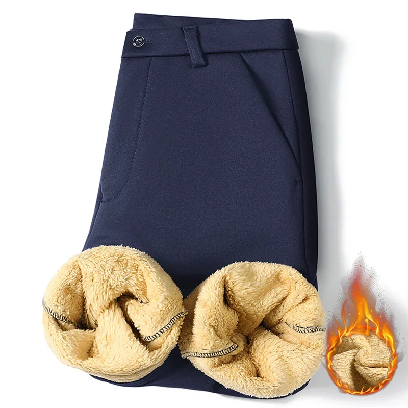 Thermal Fleece Lined Male Commuting Long Pants High Stretch Soft Outer Material Fixed Waistband Office Winter Wear