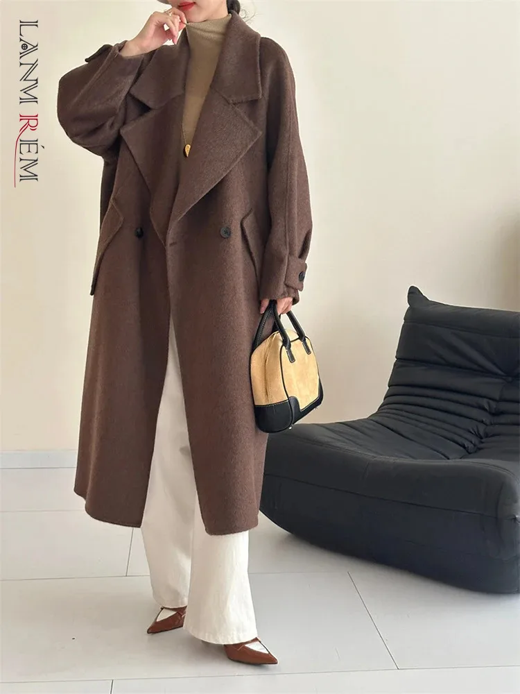 

LANMREM Casual Wool Double-sided Cashmere Coat Women's Notched Raglan Sleeves Solid Color Coats 2024 Autumn Winter 2Z2327