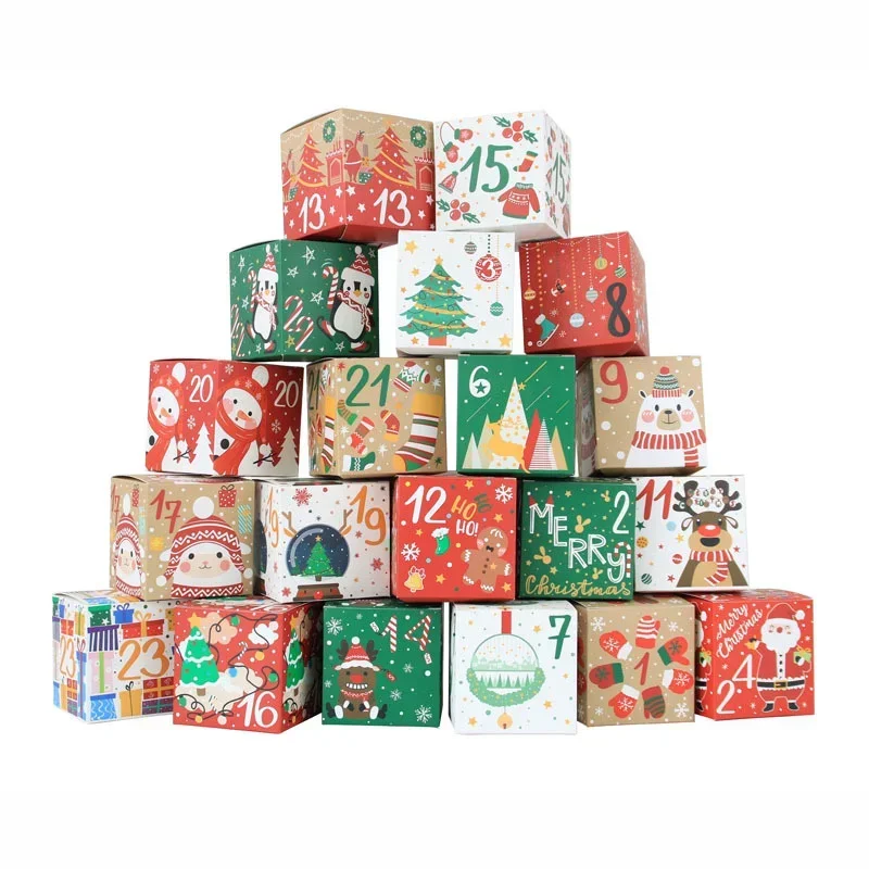 24pcs/set Christmas Advent Calendar Box Kraft Paper Candy Box 24 Days Countdown To Xmas Gift Boxes Navidad New Year Decorations