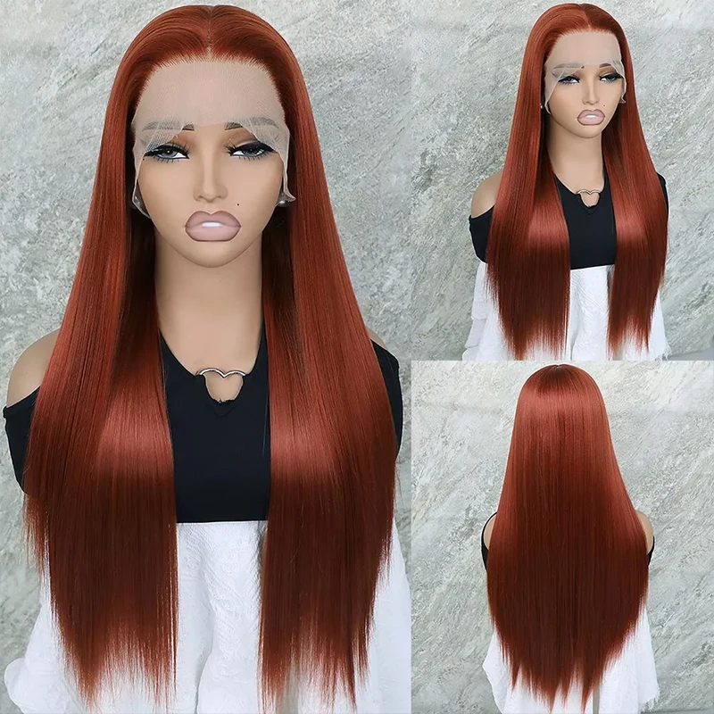 Ginger wig long straight synthetic lace front wig middle parted synthetic wig for women dark orange hair lace front wig auburn