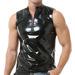 Mens Shiny Wet Look Leather Tank Top Zipper Glossy PVC Leather Sleeveless T-Shirts Shaping Wet Look Latex Leather Tanks Top Vest