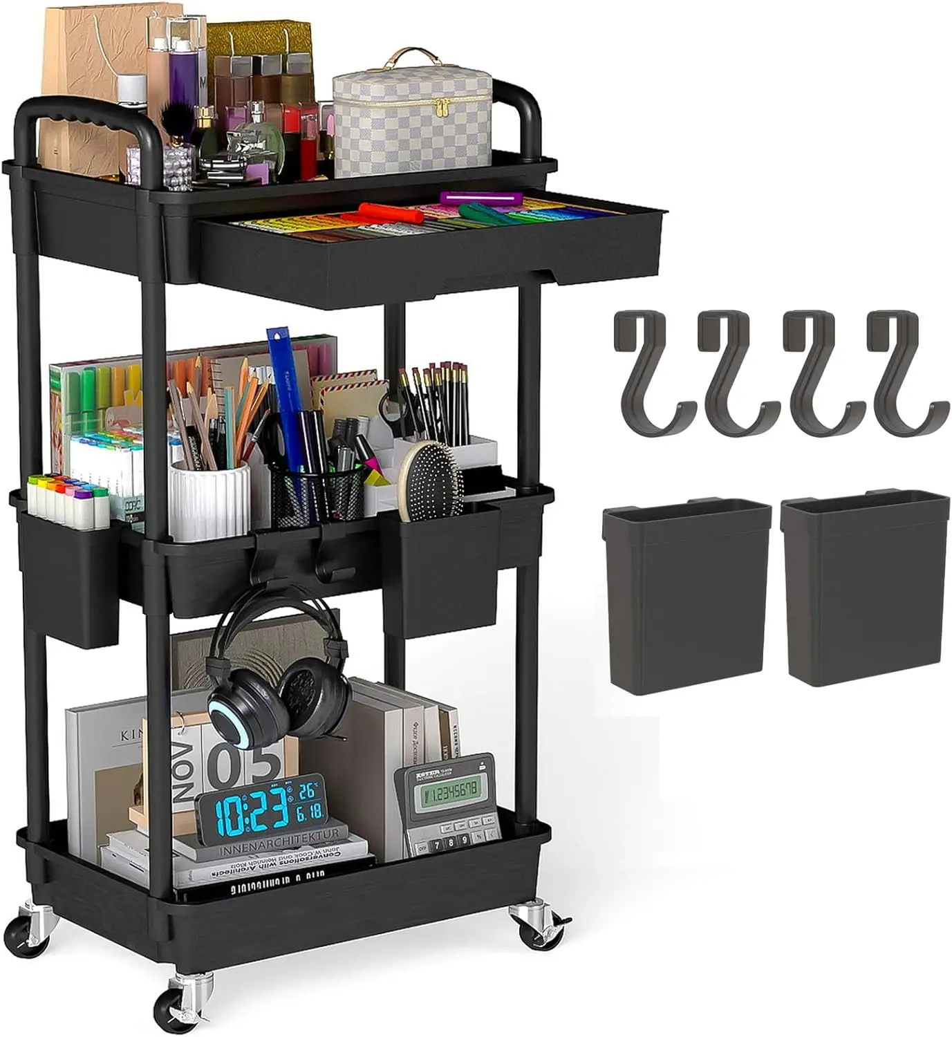 

3-Tier Rolling Cart with Drawer, Hanging Cups & Hooks - Versatile Storage for Kitchen, Office, Bathroom