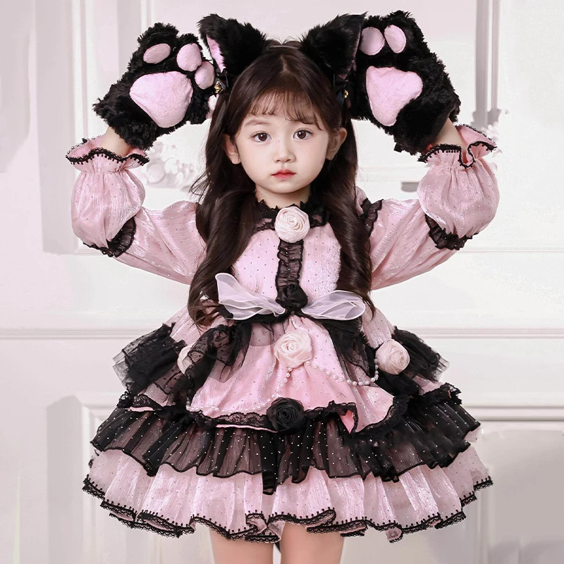 

Милые платья в стиле Лолита для девочек, детское платье для дня рождения, с длинными рукавами, с цветочным узором, высококачественная одежда в стиле пэчворк, бальное платье