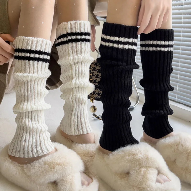 

Модные гетры в двойную полоску в стиле Лолита, осенне-зимние теплые длинные носки-трубочки JK, черно-белые классические вязаные гетры для ног
