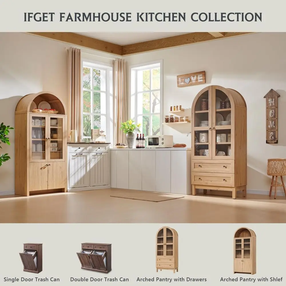71" Tall Arched Kitchen Pantry, ern armhouse Wood Kitchens Storage Cabiwith 2 Large Ders and Adjustable Shelves, tile Cupboard o view 6