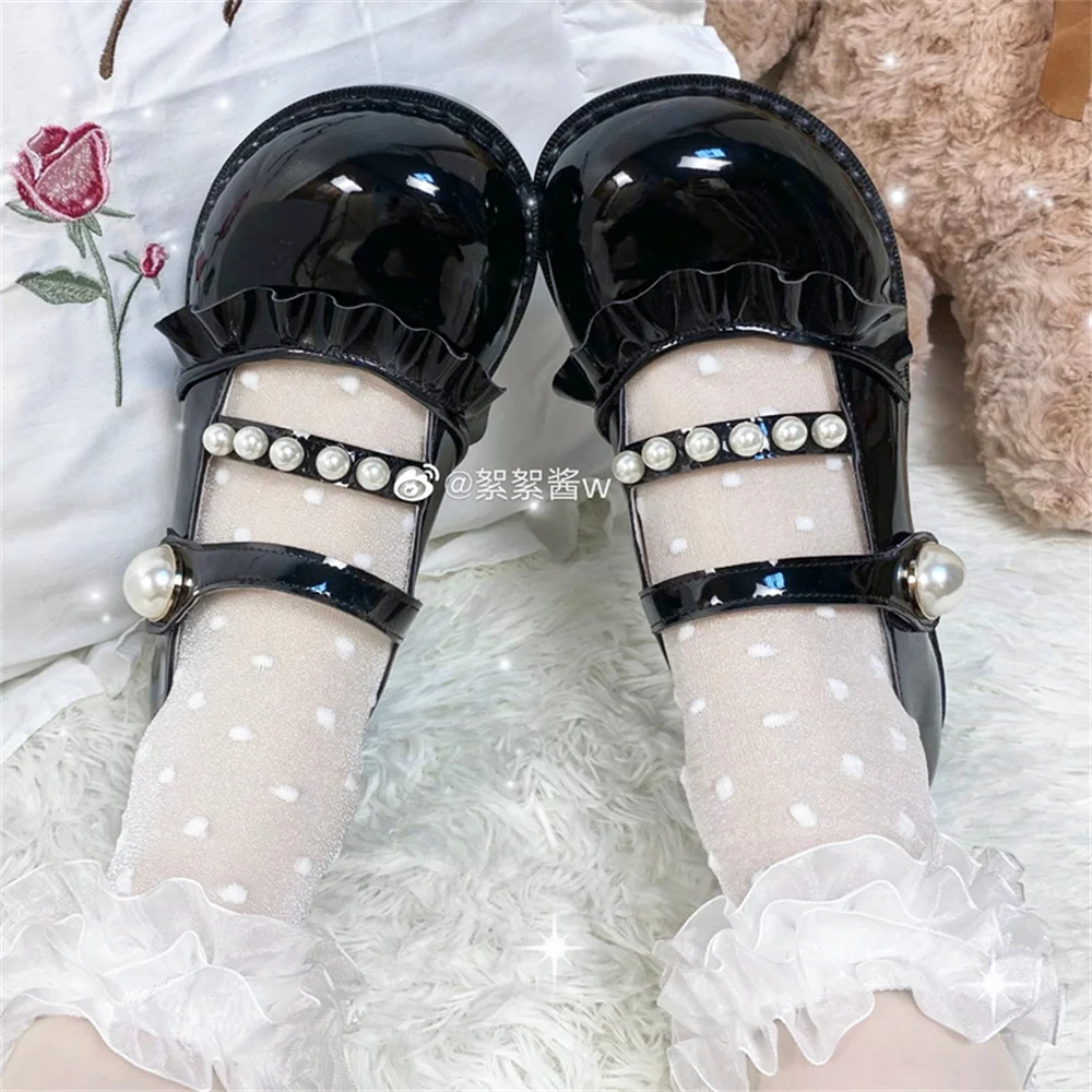 Spring Girls Ruffle Pearl Kawaii Girl Women Lolita Shoes Multicolor Pu Round Head Low Heel Elegant Woman Cosplay Lolita Shoes