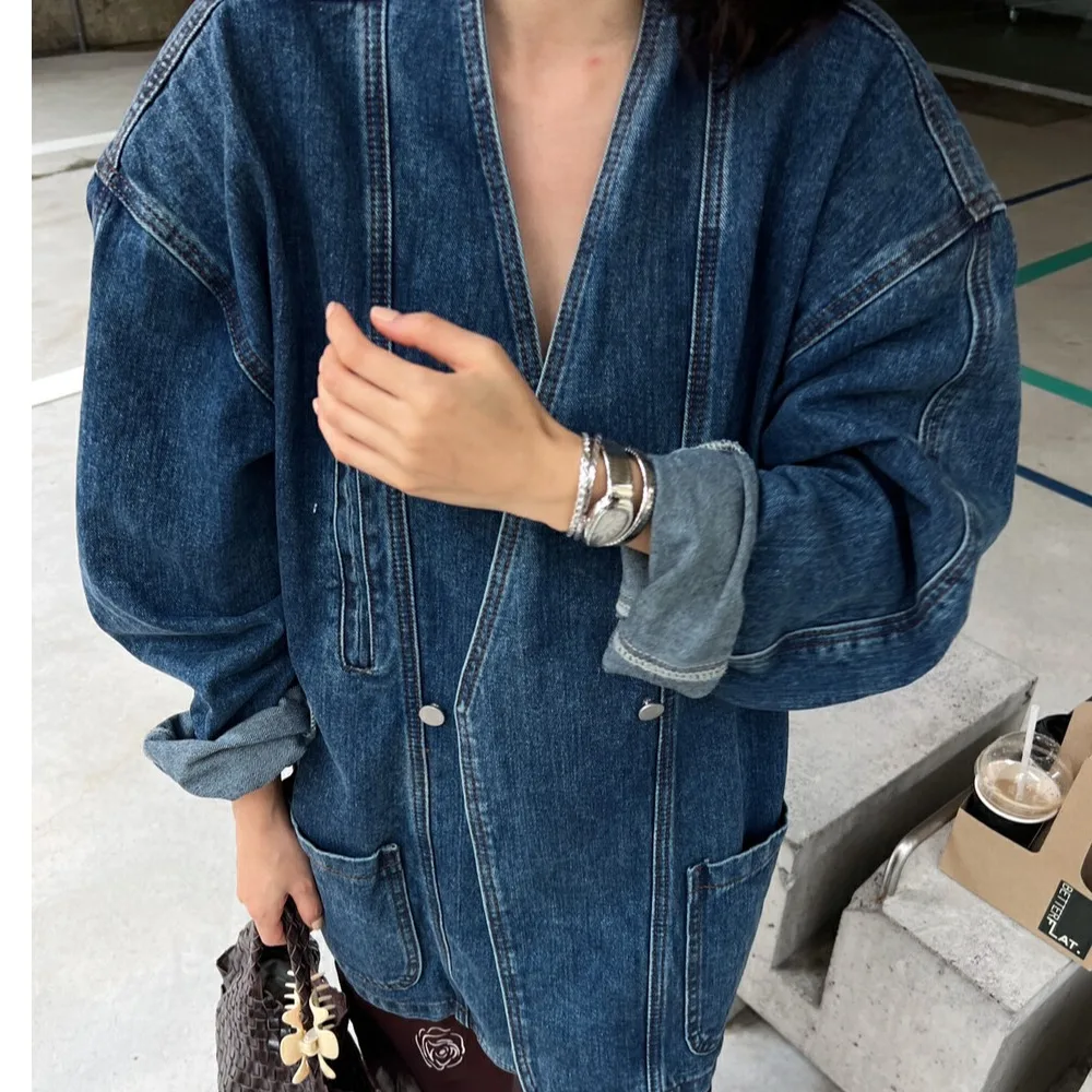 GetSpring Women Denim Jacket 2025 Spring Autumn Retro Double breasted Shoulder Padded V Neck Loose Casual Long Blue Denim Coat