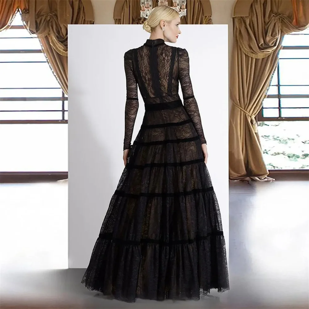 Sansa Customized Elegant Black Sheer Lace Maxi Gown High Neck Necktie Design Long Sleeve Multi Tiered Flared Skirt Evening Dress view 3