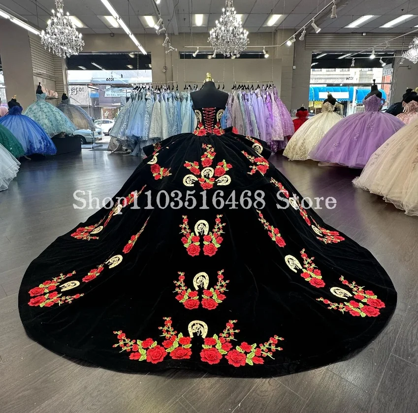 Мексиканское платье Charro Quinceanera, черное, красное роскошное Цветочное платье-футляр с цветочным орнаментом, кружевное платье принцессы, Vestidos De 15 Quinceañera