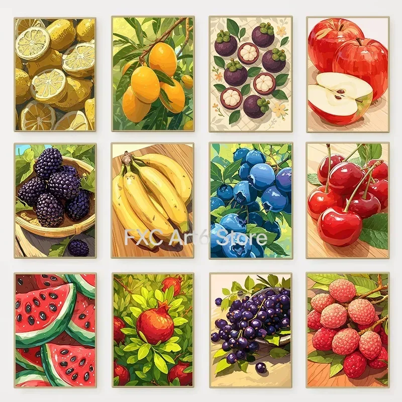 1PC frameless Colourful Fruit Still Life Illustration Poster Banana Strawberry Lemon Lychee Canvas Painting Wall Art for Fruit S
