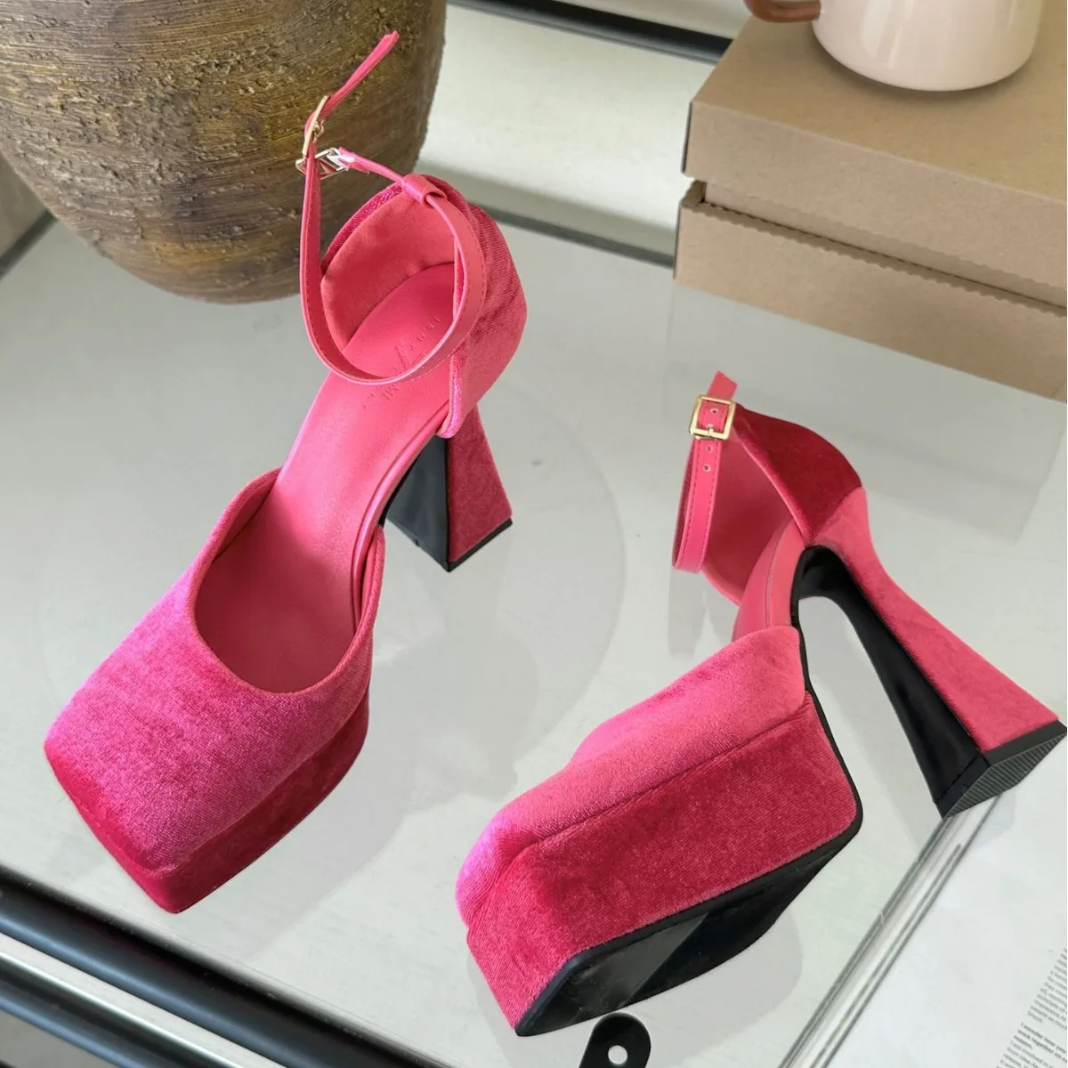 New Waterproof Platform Ultra High Heels Fashionable Women's Shoes Square Headed One Line with Side Air High Heels