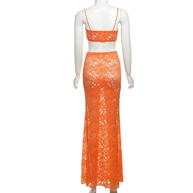 Vedere attraverso il pizzo Set da 2 pezzi Donna Sexy Canotta Crop Top + Gonne lunghe aderenti Moda Party Clubwear Abiti Abiti da vacanza