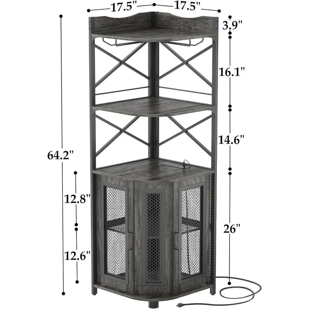 Gabinete de barra esquinero con toma de corriente, gabinete de vino con tira LED y soporte de vidrio, Unidad de barra de gabinete de licor de 5 niveles, Roble gris