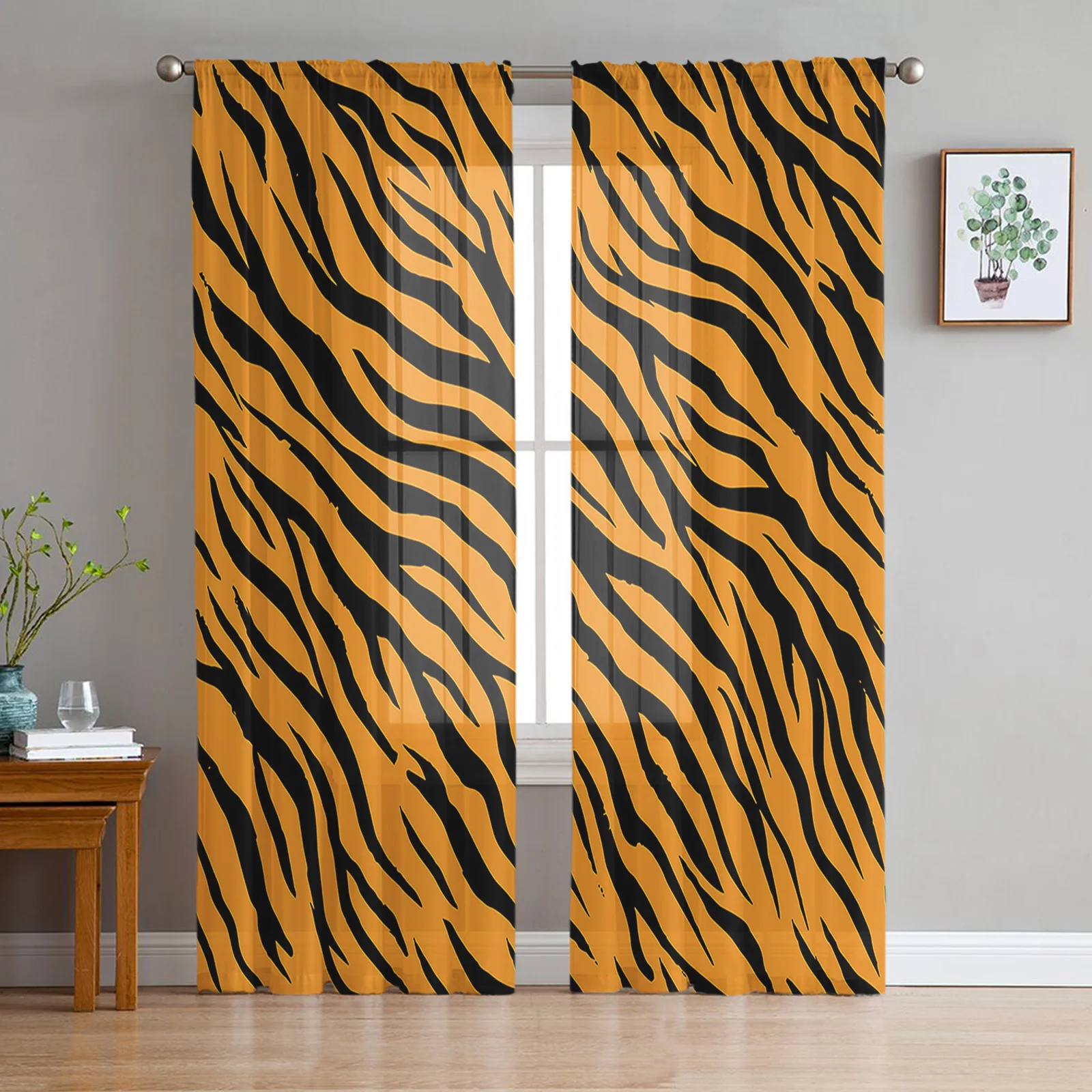 Tiger Pattern Black Yellow Sheer Curtain for Living Room Hall Wall Dress Up  Home Window Supplies Pop Print Tulle Curtains