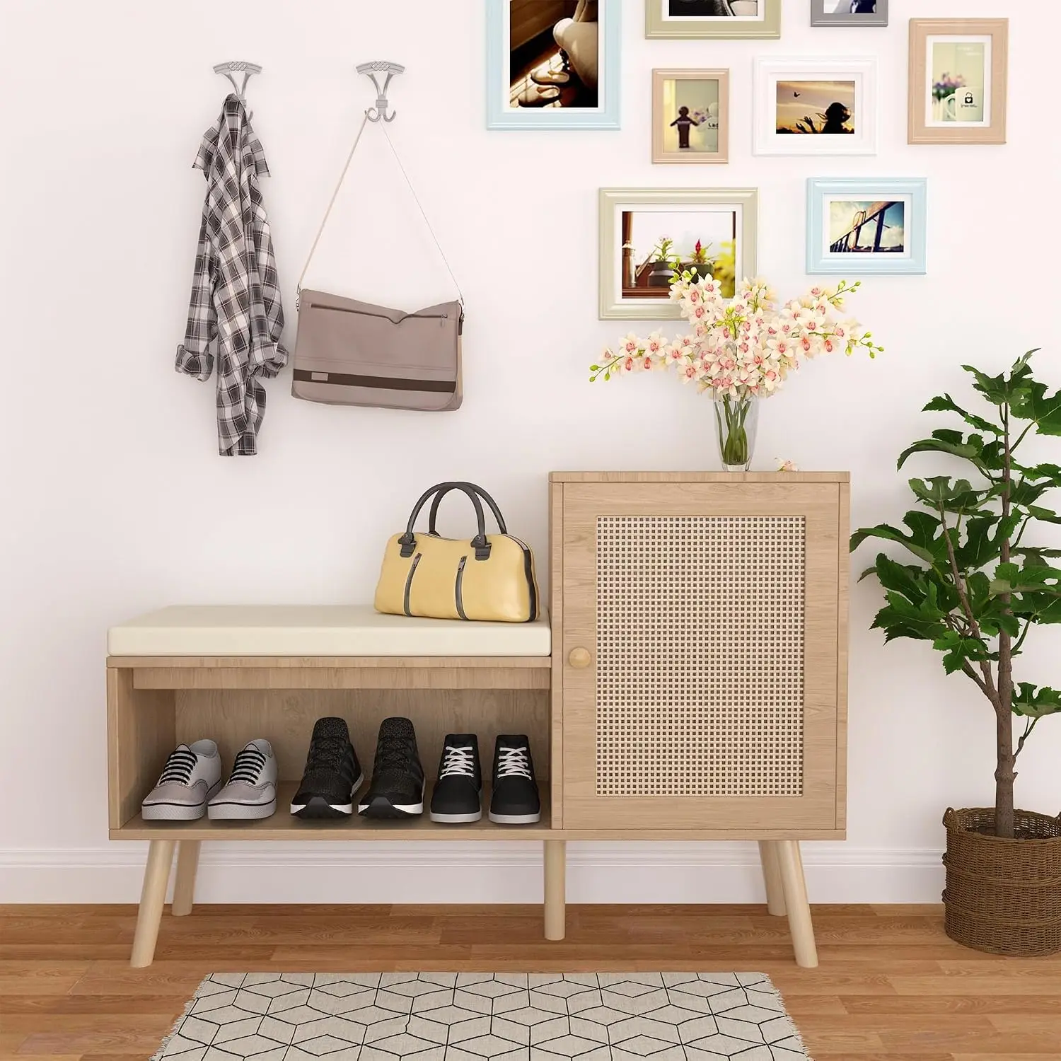 2-in-1 Rattan Shoe Storage Bench with Removable Cushion & 2 Shelves, Modern Entryway Organizer for Hallway, Natural, Customized
