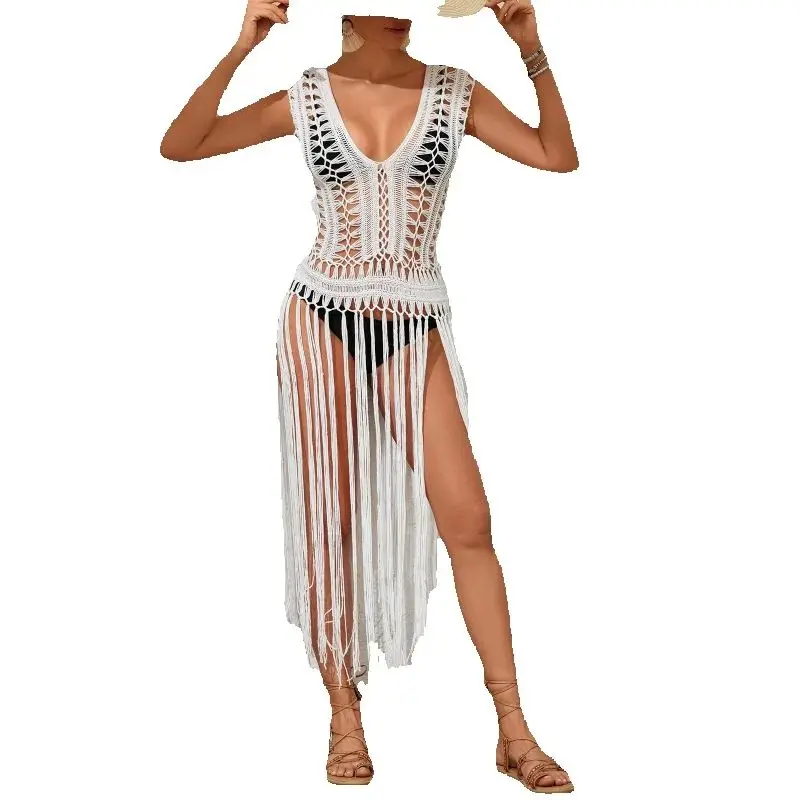 

2025 Summer Crochet Knitted Tassel Patchwork Maxi Dress Women Sexy Hollow Out V-neck Sleeveless Backless Bikini Cover Ups Robe