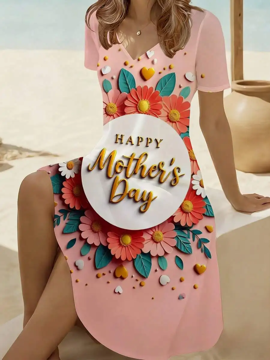

Floral Print Heart Pattern Women V Neck Short Sleeve Dress Comfortable Breathable Casual Mothers Day Gift