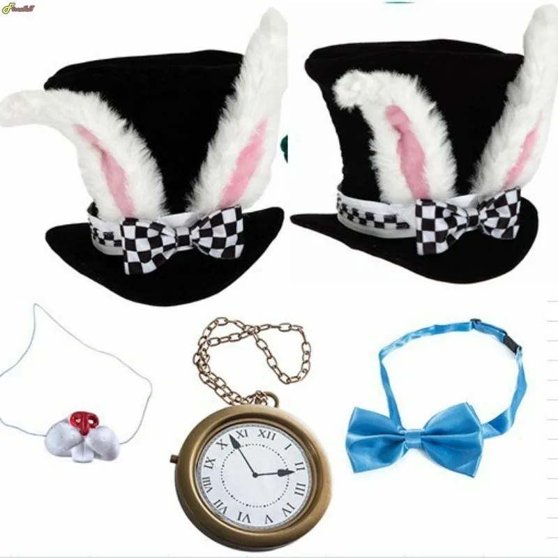 Rabbit Ear Hat Pocket Watch Stocking Bow Tie Nose Set Easter Day Purim Day Halloween White Rabbit Hat Alice Wonderland Cosplay